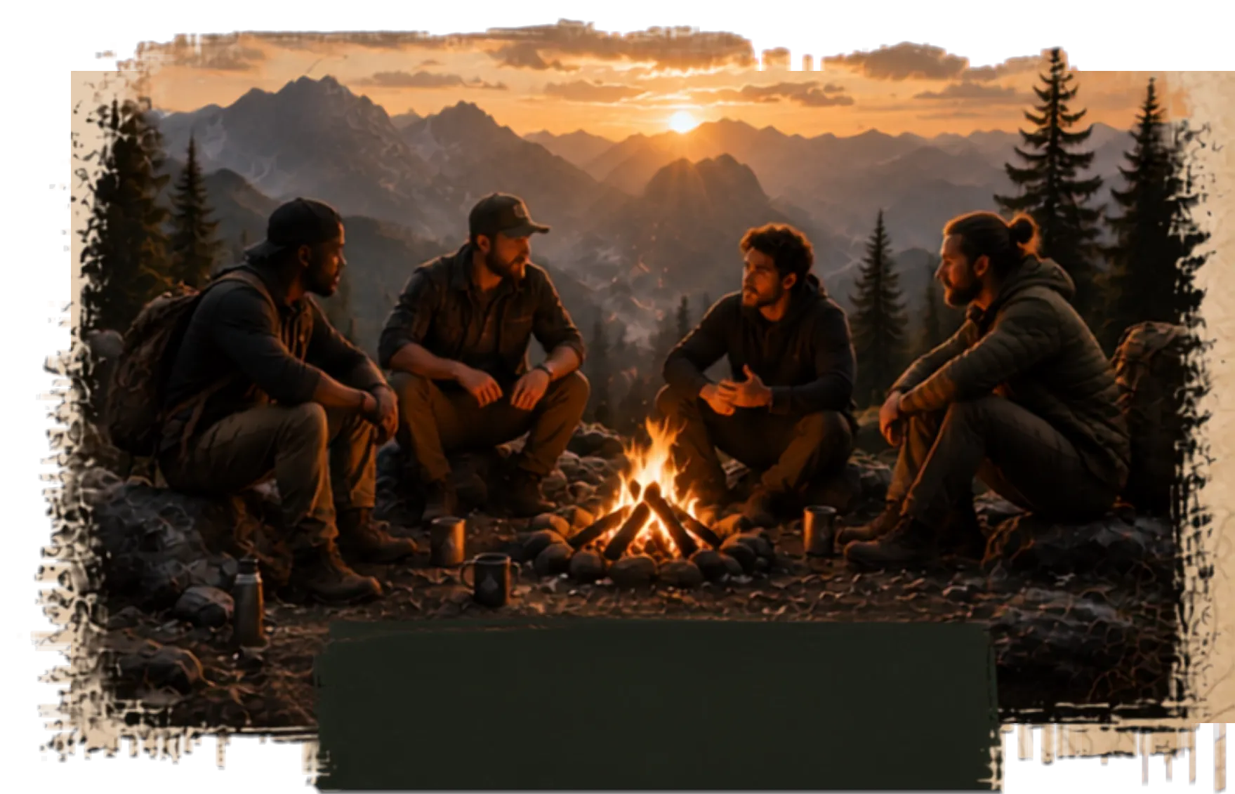 Four men in conversation around a campfire in the mountains