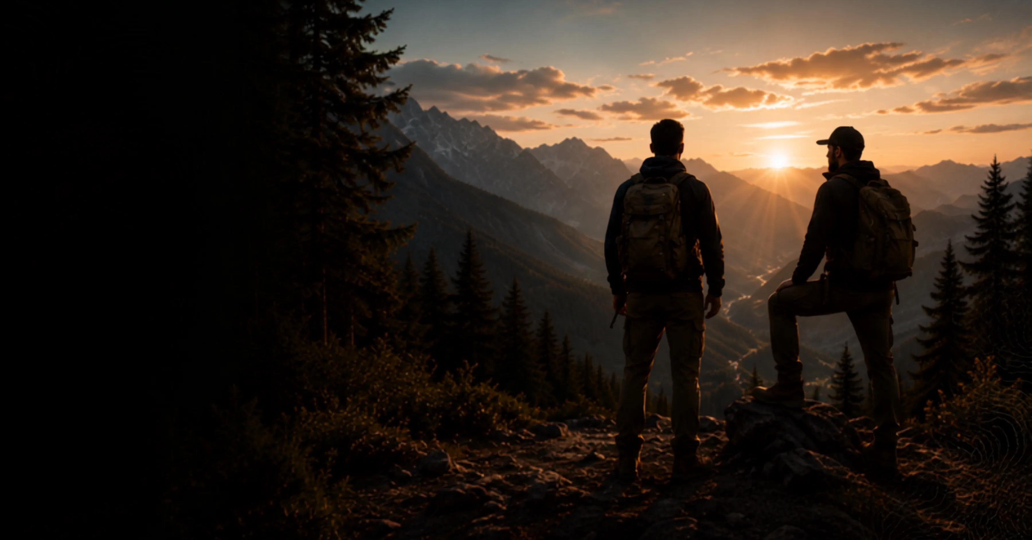 Two men looking out over mountains at sunrise