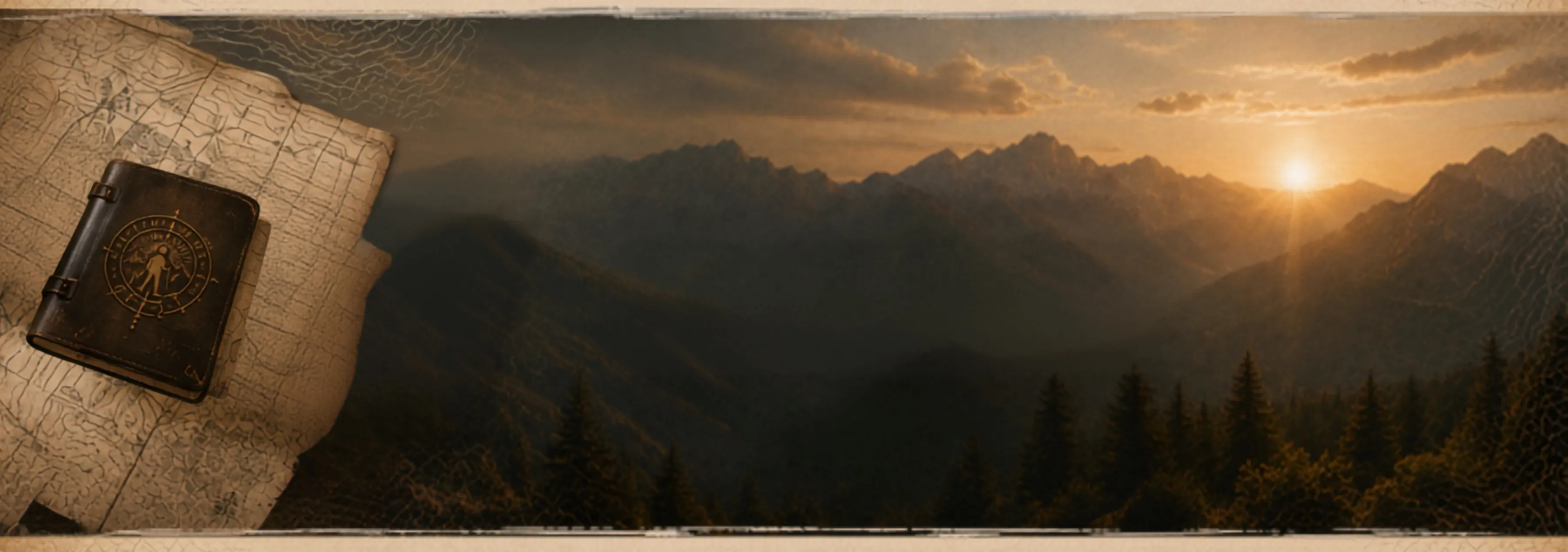 A leather field journal on a map, with mountains at sunrise beyond