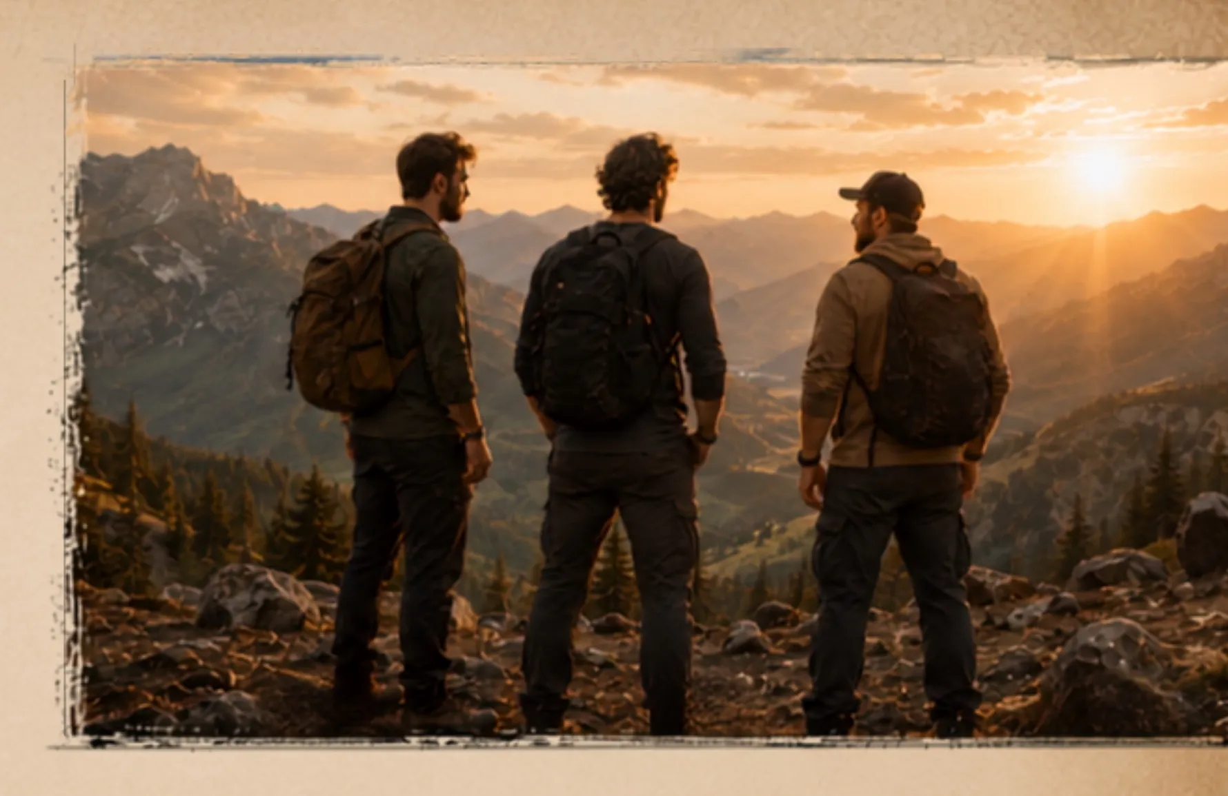 Three men standing on a ridge looking out over a mountain range at sunset
